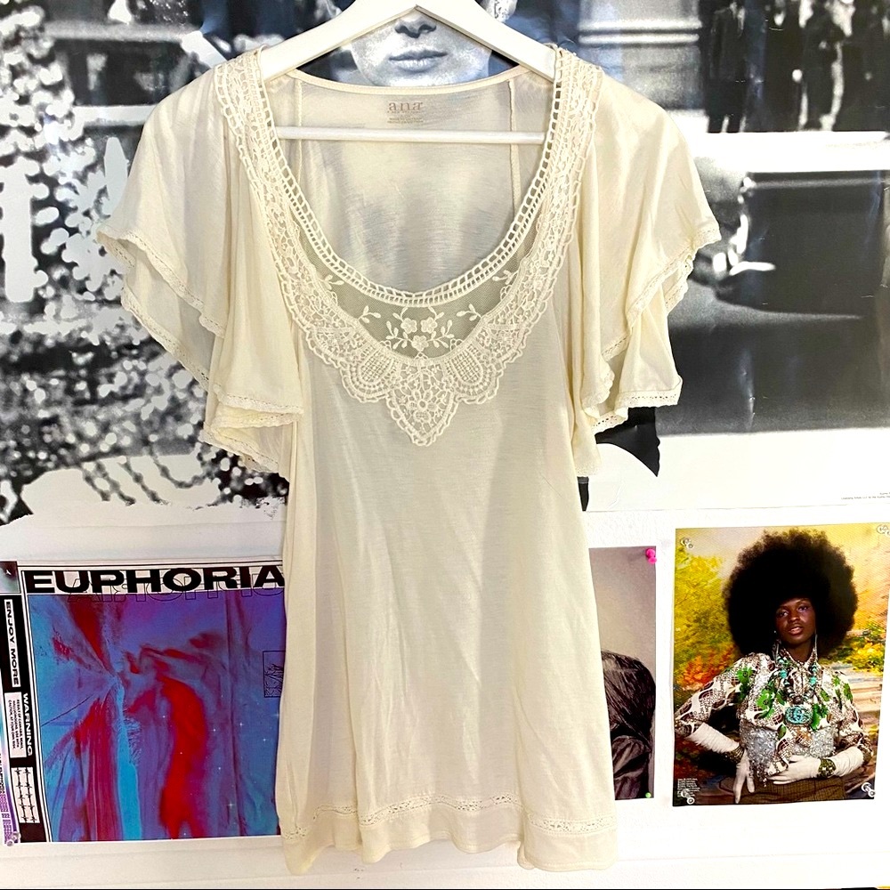 a.n.a  Lace Neck Short Ruffle Sleeve Ivory Blouse Sz. Small Rayon Boho top